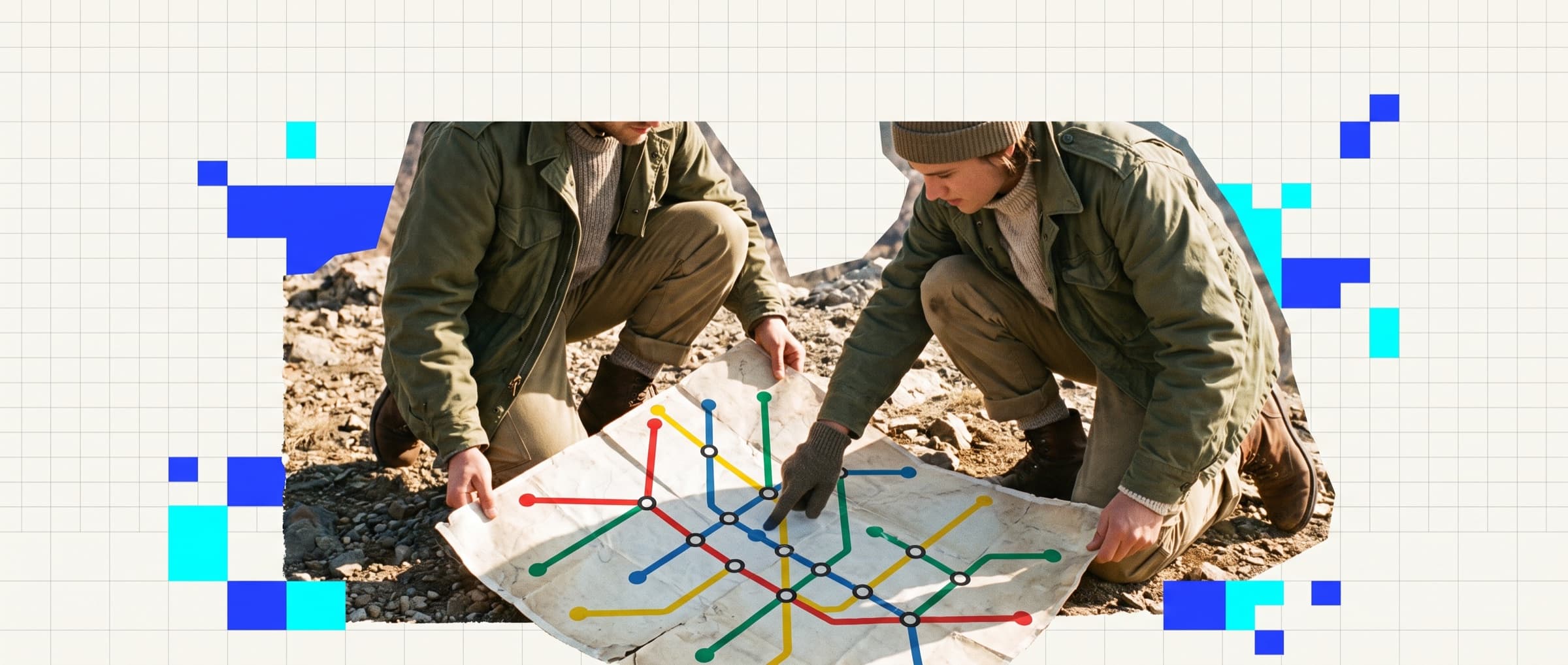 1970'lerin kıyafetleriyle iki kâşif, dört renkli hattı olan dev bir metro haritası gibi çizilmiş rota haritasını açıyor